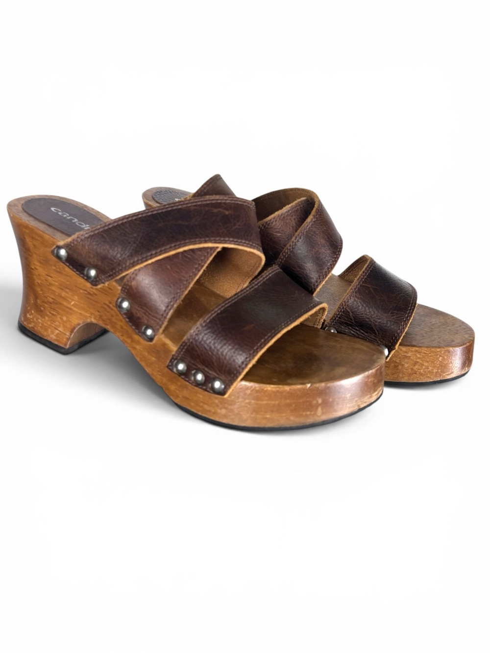 Vintage 90s Y2K Candies Brown Leather Studded Wood Platform Sandal Clogs 9M